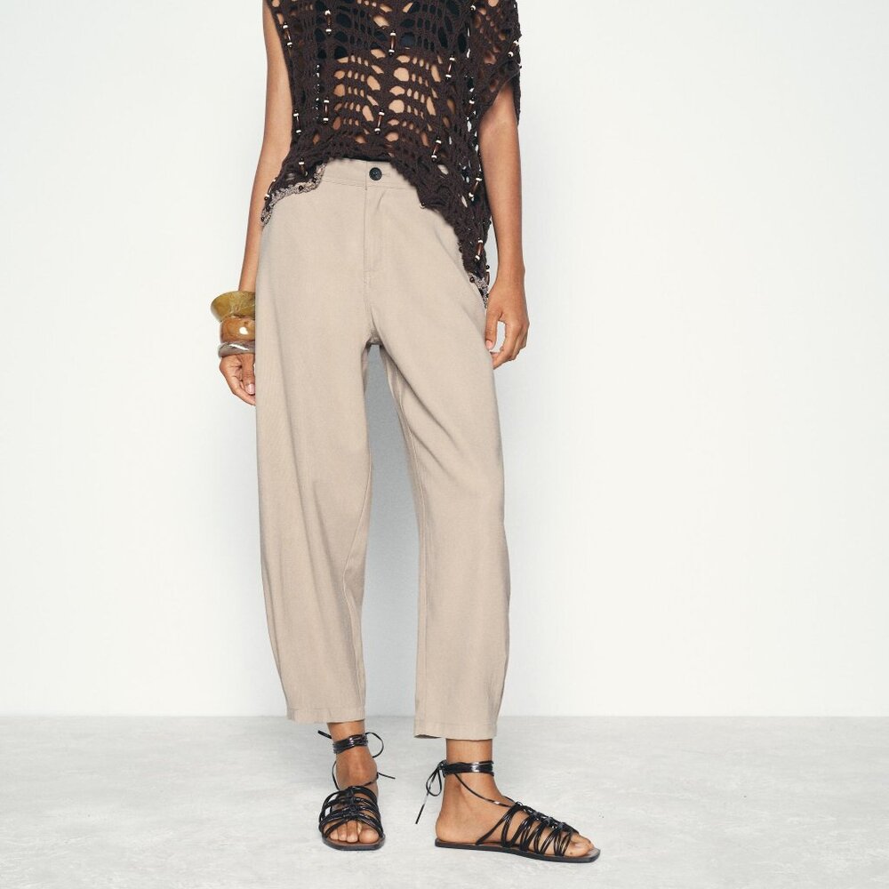 Zara Tan Chino Pants With Pleated Hem